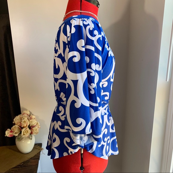 THEME Blue and White Drape Batwing Sleeve Blouse - Picture 8 of 16